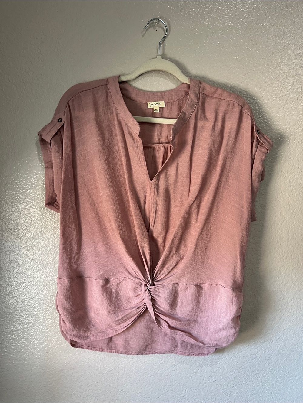 Lily White Dusty Rose Twist-Front Short Sleeve Top Sz XL Office Casual TC0180